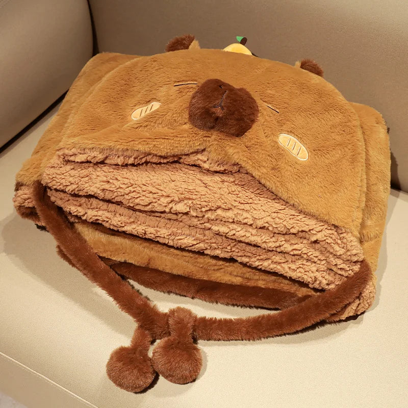 Lovely Capybara Plush Soft Cloak Cartoon Black Cloak Coral Fleece Air Blankets Birthday Valentine Gifts